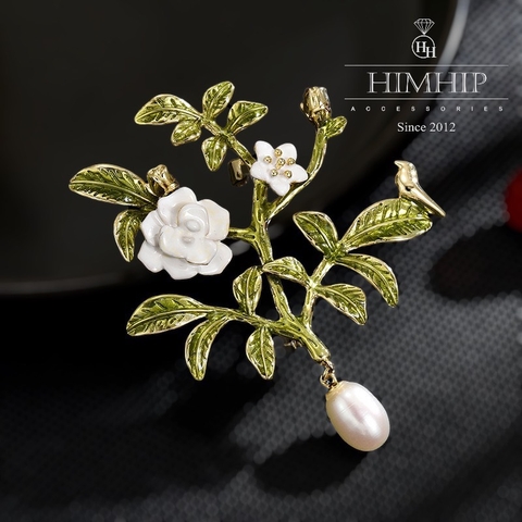 Trâm, Ghim Cài Áo HimHip Cành Hoa Ngọc Anh Thanh Lịch HKCC Mix Ngọc Trai Thả 4,7*5,7cm