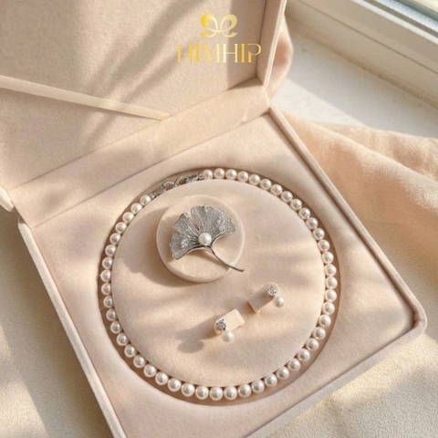 Set Trang Sức HimHip Vòng Cổ Tinh Thể 8Li, Khuyên Tai Ngắn Trai Thật & Cài Áo Ngân Hạnh Kèm Túi Hộp Thiệp -115