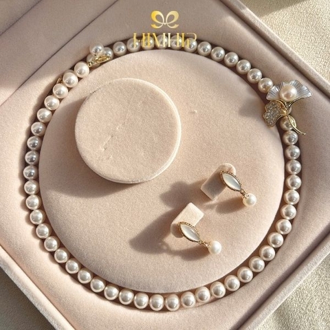 Set Trang Sức HimHip Vòng Cổ Tinh Thể 8Li, Khuyên Tai Ngắn Trai Thật & Cài Áo Phúc Lộc Hạnh Ngân Kèm Túi Hộp Thiệp -114