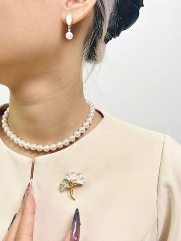 Set Trang Sức HimHip Vòng Cổ Tinh Thể 8Li, Khuyên Tai Ngắn Trai Thật & Cài Áo Phúc Lộc Hạnh Ngân Kèm Túi Hộp Thiệp -114