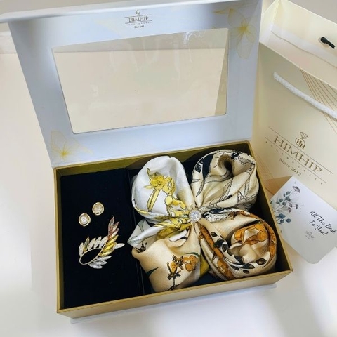 Set Quà HimHip Khăn Lụa Cao Cấp 65x65cm & Cài Khăn, Cài Áo, Khuyên Tai Kèm Túi Hộp Thiệp - 1481