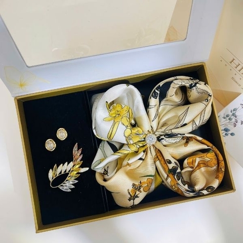 Set Quà HimHip Khăn Lụa Cao Cấp 65x65cm & Cài Khăn, Cài Áo, Khuyên Tai Kèm Túi Hộp Thiệp - 1481