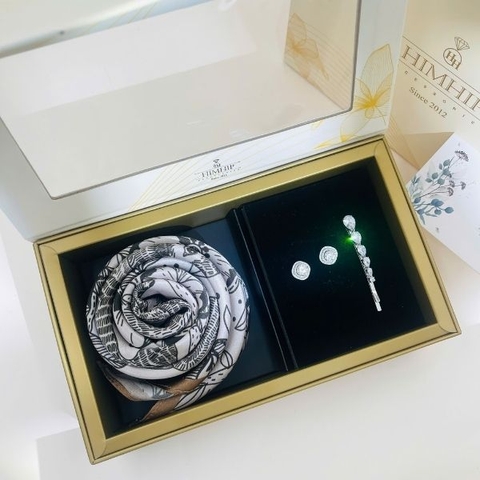 Set Quà HimHip Khăn Lụa Cao Cấp 65x65cm & Kẹp Mái, Khuyên Tai Kèm Túi Hộp Thiệp - 1374