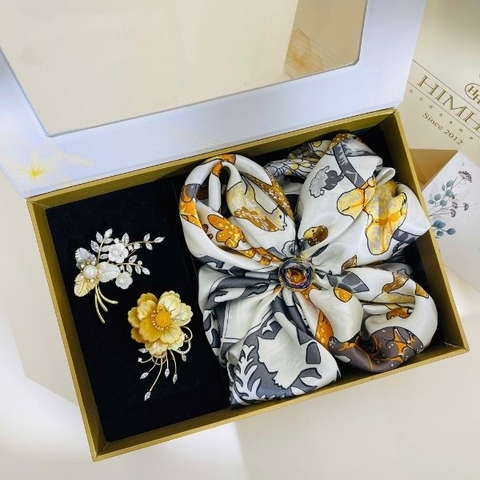 Set Quà HimHip Khăn Lụa Cao Cấp 85x85cm & Cài Khăn, Cài Áo Kèm Túi Hộp Thiệp - 1471