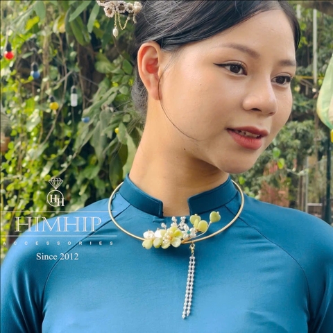 Kiềng Cổ HimHip Hạt Giả Trai Mix Khảm Trai Xuân Hoa Ngọc Nữ Sang Trọng 15cm Phụ Kiện Áo Dài - Xanh Nõn