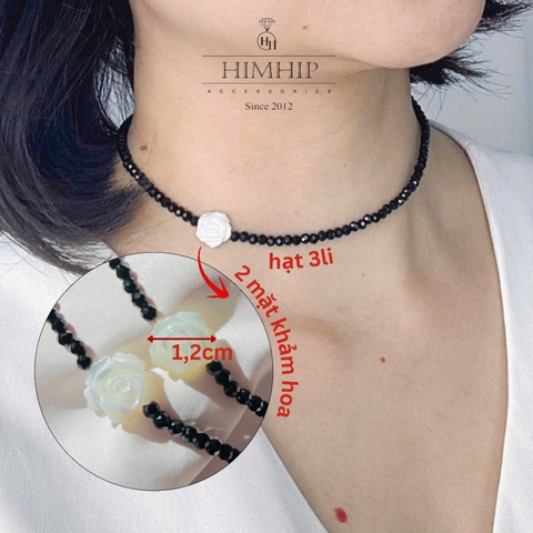 Choker HimHip Phale Đen 3ly Phối Mặt Hoa Hồng Khảm Trai Sang Trọng 32+7cm HPBD