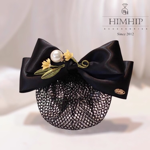 Kẹp Bối, Búi Lưới HimHip Mix Hạt Giả Trai Nơ Đen Phối Hoa Lá Thanh Lịch 8x14cm