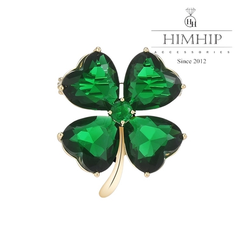 Trâm, Ghim Cài Áo Nhỏ HimHip Cỏ 4 Lá Xanh May Mắn HKCC Đính Phale 2,5*3cm