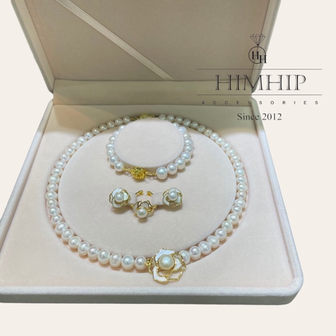 [Thiết Kế] Set Trang Sức HimHip Trai Thật 8Li Vòng Cổ 44cm, Khuyên Tai, Vòng Tay 19cm, Nhẫn Mix Mặt Hoa Hồng Sang Trọng
