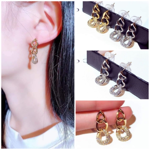 Khuyên Tai Ngắn HimHip Vòng Xoắn Xích Vàng Sang Trọng HKCC Đính Phale 1.2x2.7cm