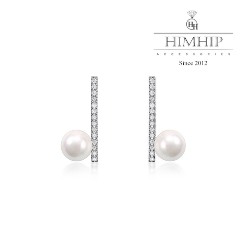 Khuyên Tai Ngắn HimHip Chữ L Thanh Lịch HKCC Đính Phale, Ngọc Trai Thật 2x0,8cm