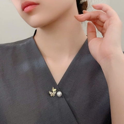 Trâm, Ghim Cài Xiên HimHip Đôi Bướm Vàng Sang Trọng HKCC Mix Hạt Giả Trai 3.5cm