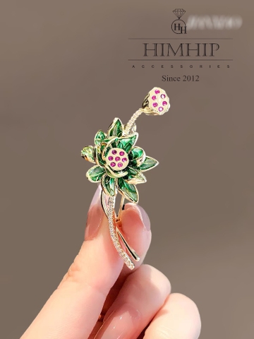 Trâm, Ghim Cài Áo HimHip Hoa Sen Xanh Sang Trọng HKCC Đính Phale 5*5cm