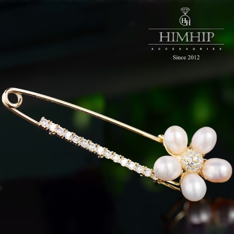 Trâm, Ghim Cài Kim Băng HimHip Hoa 5 Cánh Ngọc Trai Sang Trọng HKCC Đính Phale2x6cm