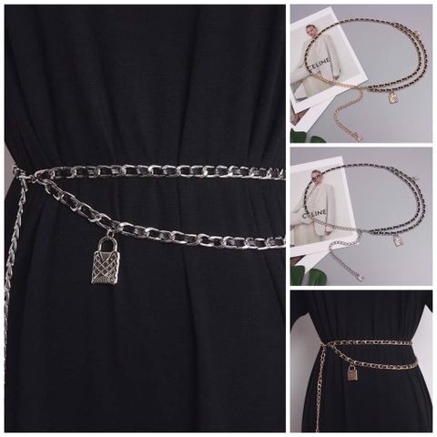 Dây Lưng HimHip Xích Phối Da PU Gắn Charm Khoá Sang Trọng 1x102cm