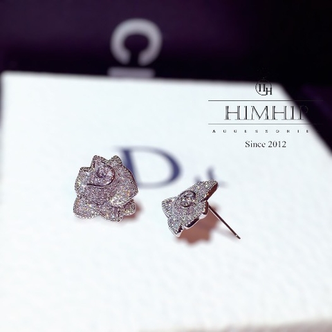 Khuyên Tai Hợp Kim Cao Cấp Hoa Hồng Đính Đá Thanh Lịch 1.5*1.5cm