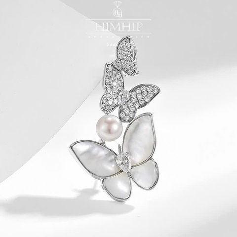 Trâm, Ghim Cài Áo HimHip Đôi Bướm Khảm Trai Sang Trọng HKCC Mix Trai Thật 2*4,5cm