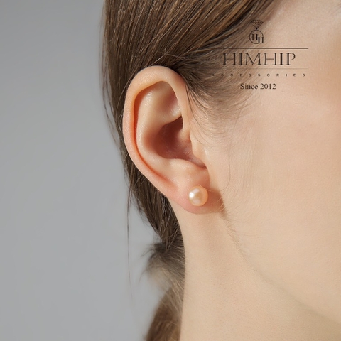 Khuyên Tai Nụ HimHip Ngọc Trai Hồng Thanh Lịch HKCC Mix Ngọc Trai Thật 8 Ly Phụ Kiện Áo Dài