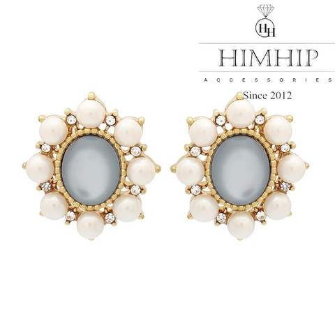 Khuyên Tai Ngắn HimHip Mặt Hoa Sang Trọng HKCC Đính Đá Phale, Ngọc Trai 2.1x1.9cm