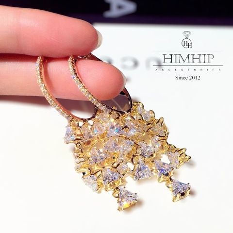 Khuyên Tai Móc Tròn HimHip Chùm Đá Tam Giác Lấp Lánh HKCC Đính Phale 2.5x5.7cm