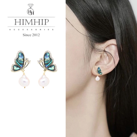 Khuyên Tai Ngắn HimHip Bướm Vân Xanh Sang Trọng HKCC Mix Ngọc Trai Dị 2.8x1cm Phụ Kiện Áo Dài