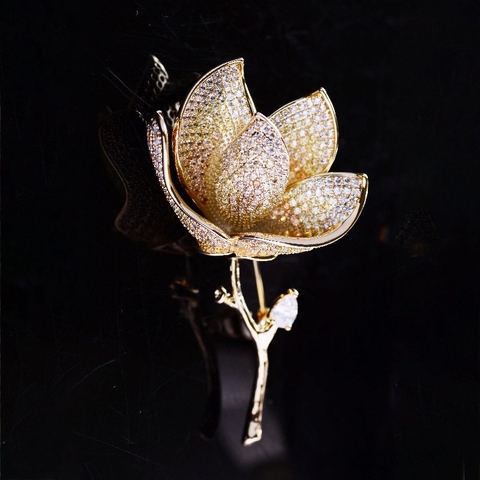 Trâm, Ghim Cài Áo HimHip Hoa Vàng 4 Cánh Sang Trọng HKCC Đính Phale 3,3*6cm