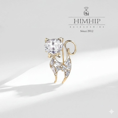 Ghim, Cài Áo HimHip HKCC Quý Cô Mèo Trắng Đá Phale Thanh Lịch 3.9x3.9cm