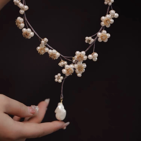 Kiềng Cổ HimHip Tinh Thể Ngọc Trai Ngọc Đào Kết Dị Châu Sang Trọng 20+3cm Phụ Kiện Áo Dài