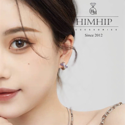 Khuyên Tai Nụ HimHip Chữ X Cá Tính HKCC Đính Đá Phale Tím 1x1.5cm