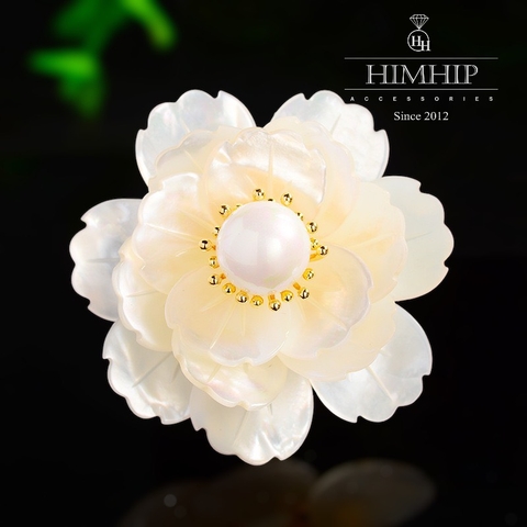 Trâm, Ghim Cài Áo HimHip Hoa Trắng Khảm Trai Sang Trọng HKCC Mix Trai 4cm