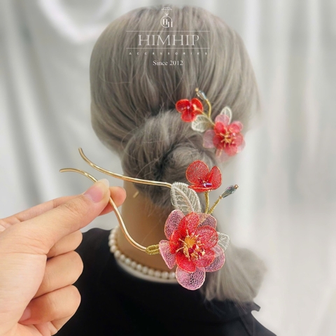 Trâm Cài Tóc HimHip HKCC Hoa Trà Vải Nụ Phale Sang Trọng 12.5x6.5cm Kèm Hộp Phụ Kiện Áo Dài