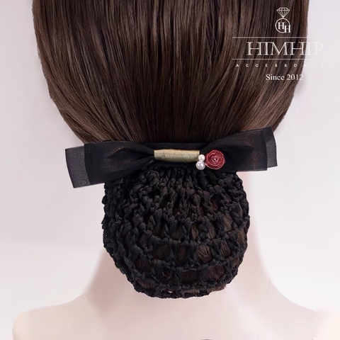 Kẹp Bối, Búi Lưới HimHip Đính Hạt Giả Trai Nơ Đen Charm Hoa Hồng Thanh Lịch 12cm