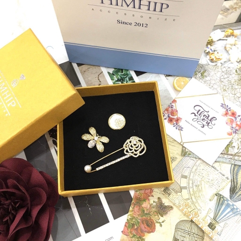 Trâm, Ghim Cài Kim Băng HimHip Hoa Hồng Vàng Xoắn Sang Trọng HKCC Đính Phale 5.5cm