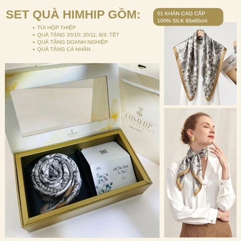 Set Quà HimHip Khăn Lụa Cao Cấp 65x65cm Kèm Túi Hộp Thiệp - 1144