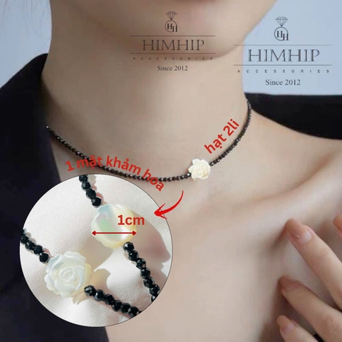 Choker HimHip Phale Đen 2ly Phối Mặt Hoa Hồng Khảm Trai Sang Trọng 32+7cm HPBD