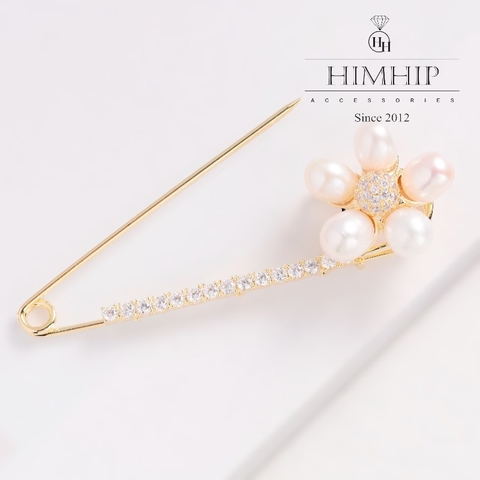 Trâm, Ghim Cài Kim Băng HimHip Hoa 5 Cánh Ngọc Trai Sang Trọng HKCC Đính Phale2x6cm