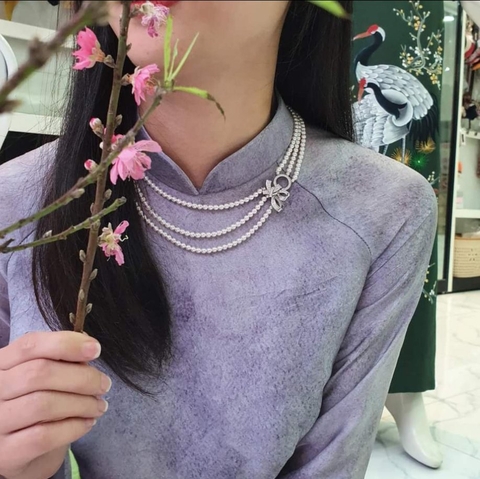 [Thiết kế] Vòng cổ 3 dây tinh thể ngọc trai 4mm khóa nơ cao cấp