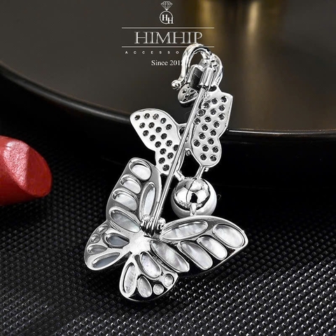 Trâm, Ghim Cài Áo HimHip Đôi Bướm Khảm Trai Sang Trọng HKCC Mix Trai Thật 2*4,5cm