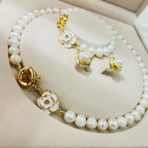 Set Vòng Cổ,Vòng Tay,Khuyên Tai Ngọc Trai Thật Mix Hoa Hồng Cao Cấp Sang Trọng Kèm Hộp Nhung ( không tách set)