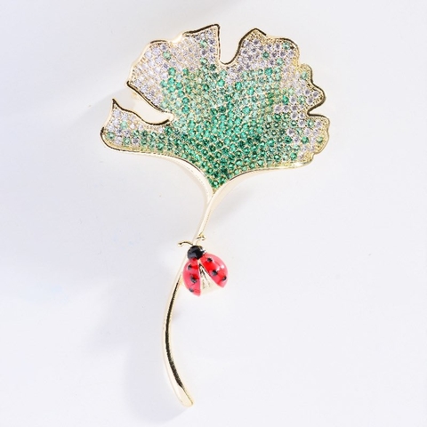 Trâm, Ghim Cài Áo HimHip Lá Bạch Quả & Bọ Đỏ Sang Trọng HKCC Đính Phale 4*6cm