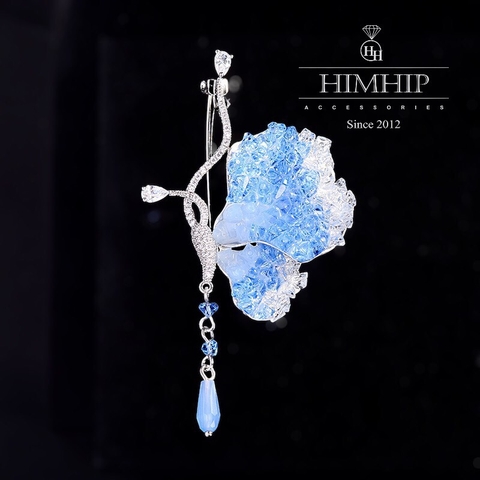 Trâm, Ghim Cài Áo HimHip Bướm Gắn Đá Tinh Xảo HKCC Đính Phale Xanh 7*4cm