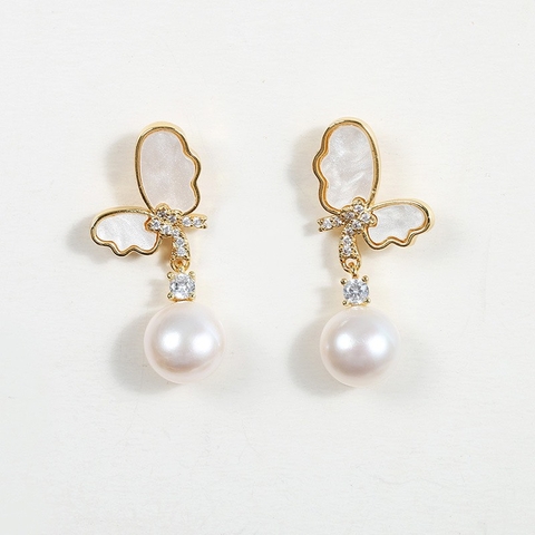 Khuyên Tai Hợp Kim Cao Cấp Cánh Bướm Mix Hạt Trai Đính Đá  Sang Trọng 1*2.5cm