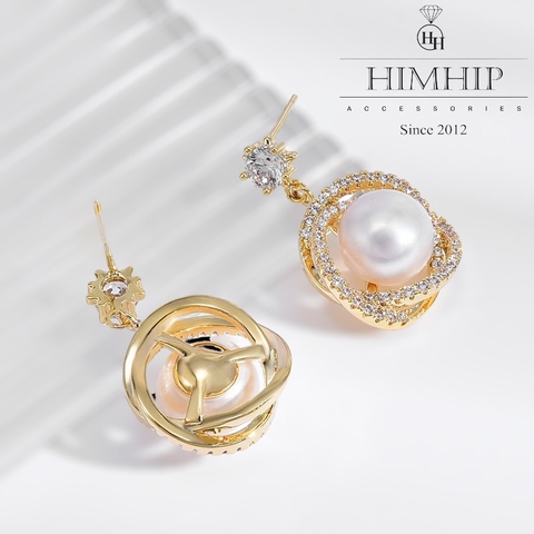 Khuyên Tai Ngắn HimHip Vòng Xoắn Thanh Lịch HKCC Đính Phale, Tinh Thể Ngọc Trai 1.3x2.3cm