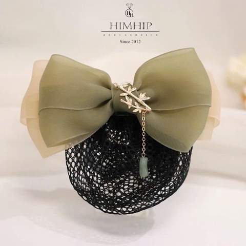 Kẹp Bối, Búi Lưới HimHip Phối Vải Voan Nơ Xanh Charm Trúc Tiểu Thư Thanh Lịch 13x8cm