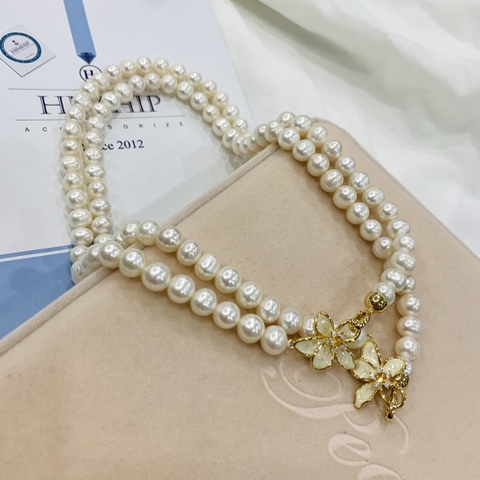 [Thiết kế] Vòng Cổ HimHip Trai Thật Mix Hoa Bốn Cánh Cao Cấp 44+0cm - Trắng