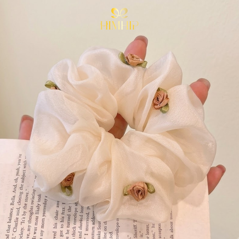 Scrunchies HimHip Vải Voan Trơn Ánh Đính Bông Hồng Nhỏ 14cm
