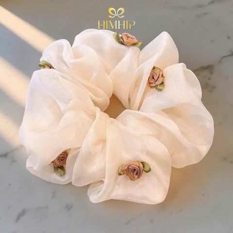 Scrunchies HimHip Vải Voan Trơn Ánh Đính Bông Hồng Nhỏ 14cm