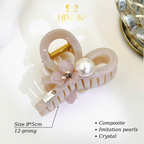 Kẹp Càng Cua HimHip Composite Hoa Trà Nụ Đá Phale Gắn Hạt Giả Trai 12 Răng 8x5cm