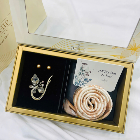 Set Quà HimHip Khăn Lụa Cao Cấp 53x53cm & Cài Áo Và Khuyên Tai Kèm Túi Hộp Thiệp - 1266