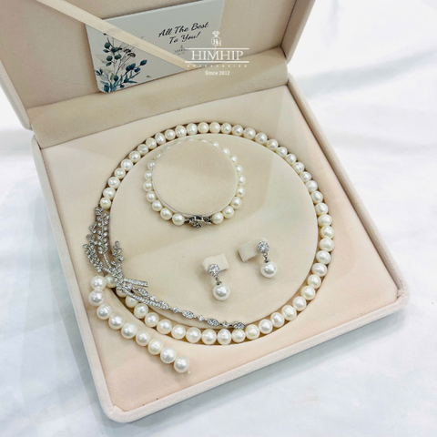 Set Trang Sức HimHip  Vòng Cổ Trai Thật Khóa Lúa 62cm, Vòng Tay, Khuyên Tai Kèm Túi Hộp Thiệp - 108